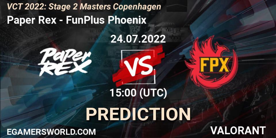 Paper Rex vs FunPlus Phoenix: Betting TIp, Match Prediction. 24.07.2022 at 15:15. VALORANT, VCT 2022: Stage 2 Masters Copenhagen