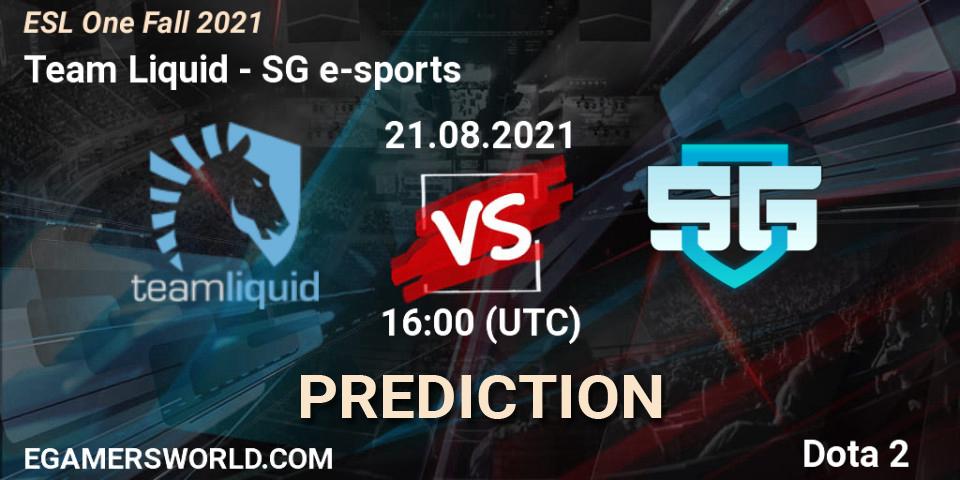 Team Liquid vs SG e-sports: Betting TIp, Match Prediction. 21.08.2021 at 15:55. Dota 2, ESL One Fall 2021