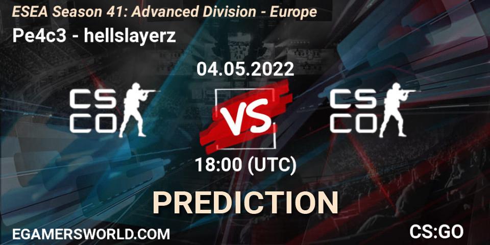 Pe4c3 vs hellslayerz: Betting TIp, Match Prediction. 04.05.2022 at 18:00. Counter-Strike (CS2), ESEA Season 41: Advanced Division - Europe