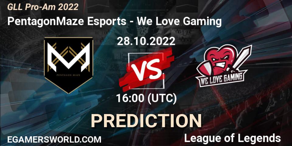 PentagonMaze Esports vs We Love Gaming: Betting TIp, Match Prediction. 28.10.2022 at 16:00. LoL, GLL Pro-Am 2022