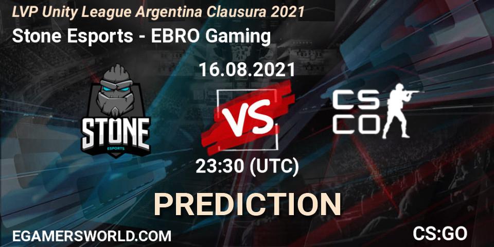 Stone Esports vs EBRO Gaming: Betting TIp, Match Prediction. 23.08.2021 at 23:30. Counter-Strike (CS2), LVP Unity League Argentina Clausura 2021