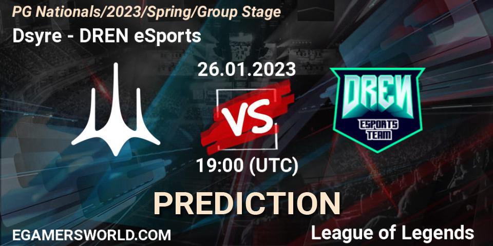 Dsyre vs DREN eSports: Betting TIp, Match Prediction. 26.01.2023 at 19:00. LoL, PG Nationals Spring 2023 - Group Stage