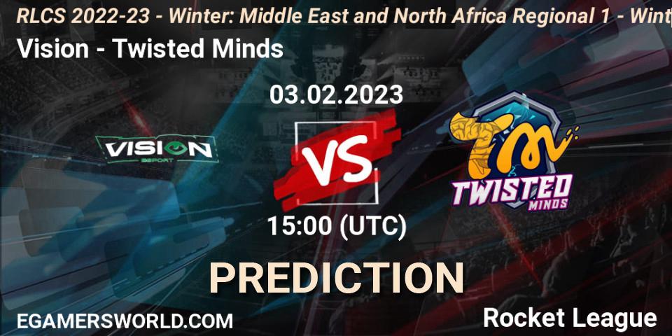 Vision vs Twisted Minds: Betting TIp, Match Prediction. 03.02.2023 at 15:00. Rocket League, RLCS 2022-23 - Winter: Middle East and North Africa Regional 1 - Winter Open