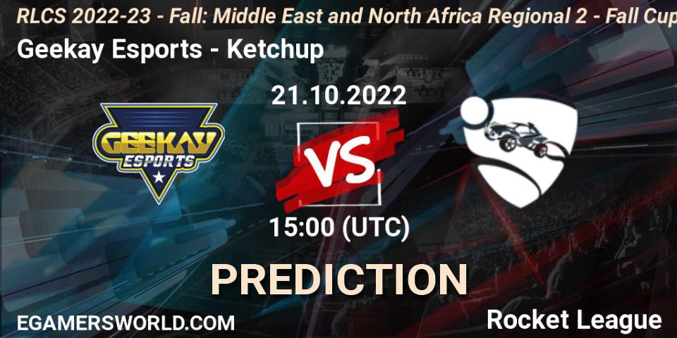 Geekay Esports vs Ketchup: Betting TIp, Match Prediction. 21.10.2022 at 15:00. Rocket League, RLCS 2022-23 - Fall: Middle East and North Africa Regional 2 - Fall Cup