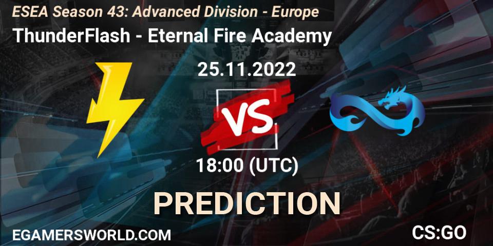 ThunderFlash vs Eternal Fire Academy: Betting TIp, Match Prediction. 25.11.2022 at 18:00. Counter-Strike (CS2), ESEA Season 43: Advanced Division - Europe