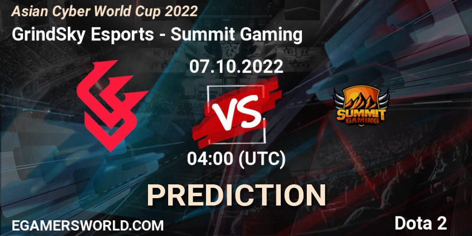 GrindSky Esports vs Summit Gaming: Betting TIp, Match Prediction. 07.10.2022 at 04:12. Dota 2, Asian Cyber World Cup 2022
