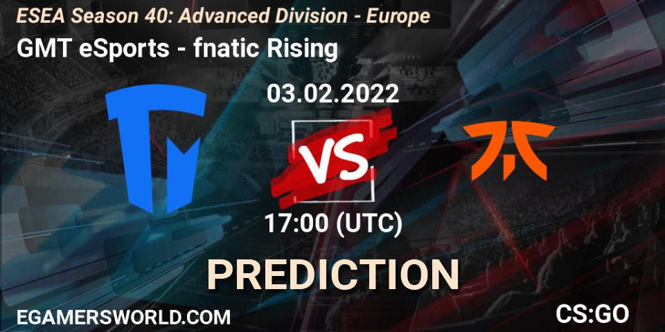 GMT eSports vs fnatic Rising: Betting TIp, Match Prediction. 03.02.2022 at 17:00. Counter-Strike (CS2), ESEA Season 40: Advanced Division - Europe