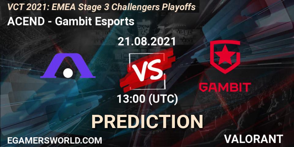 ACEND vs Gambit Esports: Betting TIp, Match Prediction. 21.08.2021 at 13:00. VALORANT, VCT 2021: EMEA Stage 3 Challengers Playoffs