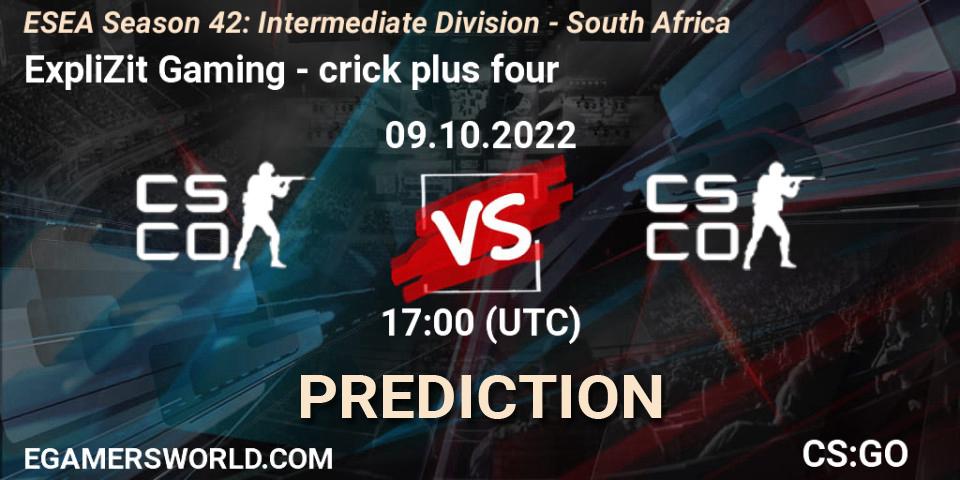 ExpliZit Gaming vs crick plus four: Betting TIp, Match Prediction. 09.10.2022 at 17:00. Counter-Strike (CS2), ESEA Season 42: Intermediate Division - South Africa