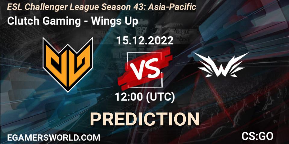 Clutch Gaming vs Wings Up: Betting TIp, Match Prediction. 15.12.2022 at 12:00. Counter-Strike (CS2), ESL Challenger League Season 43: Asia-Pacific