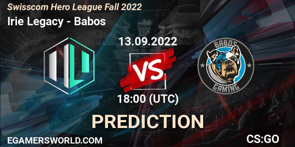 Irie Legacy vs Babos: Betting TIp, Match Prediction. 13.09.2022 at 18:00. Counter-Strike (CS2), Swisscom Hero League Fall 2022