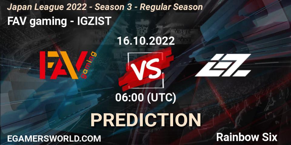 FAV gaming vs IGZIST: Betting TIp, Match Prediction. 16.10.2022 at 06:00. Rainbow Six, Japan League 2022 - Season 3 - Regular Season