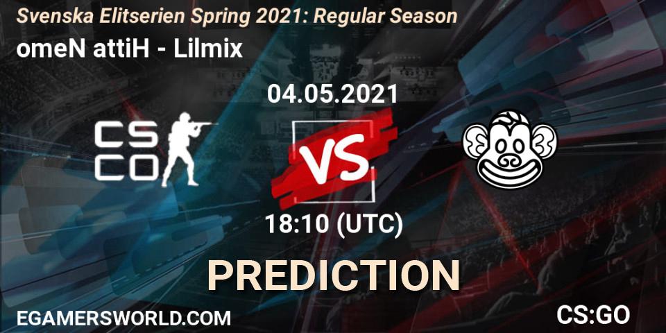 omeN attiH vs Lilmix: Betting TIp, Match Prediction. 04.05.2021 at 18:10. Counter-Strike (CS2), Svenska Elitserien Spring 2021: Regular Season