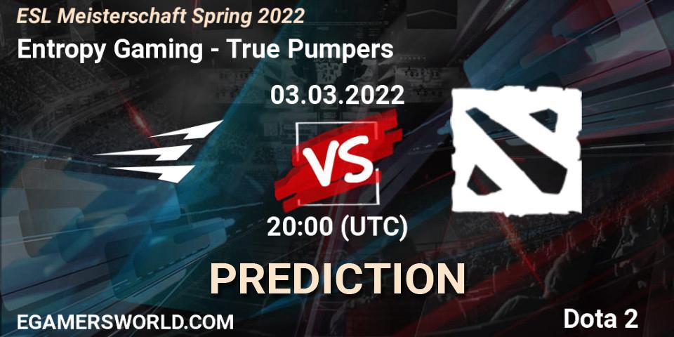 Entropy Gaming vs True Pumpers: Betting TIp, Match Prediction. 03.03.2022 at 20:00. Dota 2, ESL Meisterschaft Spring 2022
