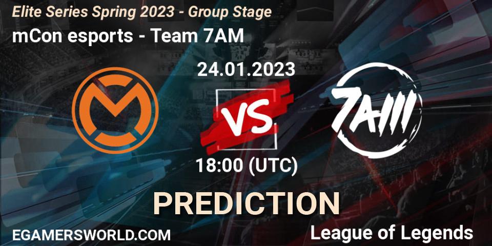 mCon esports vs Team 7AM: Betting TIp, Match Prediction. 24.01.2023 at 18:00. LoL, Elite Series Spring 2023 - Group Stage