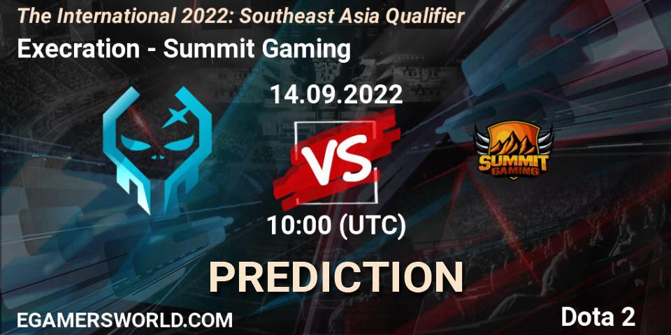 Execration vs Summit Gaming: Betting TIp, Match Prediction. 14.09.2022 at 12:02. Dota 2, The International 2022: Southeast Asia Qualifier