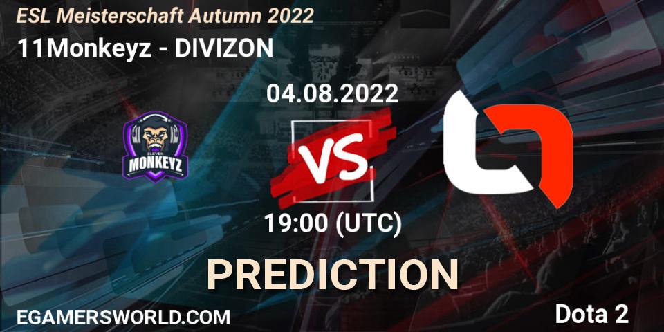 11Monkeyz vs DIVIZON: Betting TIp, Match Prediction. 04.08.2022 at 19:25. Dota 2, ESL Meisterschaft Autumn 2022