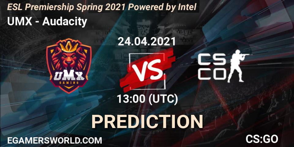 UMX vs Audacity eSports: Betting TIp, Match Prediction. 24.04.2021 at 13:00. Counter-Strike (CS2), ESL Premiership: Spring 2021