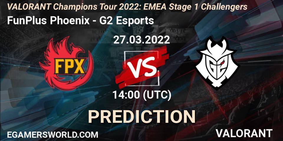 FunPlus Phoenix vs G2 Esports: Betting TIp, Match Prediction. 27.03.2022 at 14:00. VALORANT, VCT 2022: EMEA Stage 1 Challengers