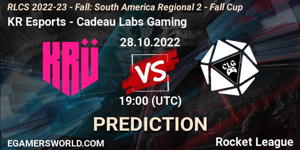 KRÜ Esports vs Cadeau Labs Gaming: Betting TIp, Match Prediction. 28.10.2022 at 19:00. Rocket League, RLCS 2022-23 - Fall: South America Regional 2 - Fall Cup