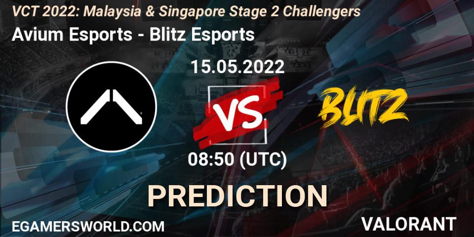 Avium Esports vs Blitz Esports: Betting TIp, Match Prediction. 15.05.2022 at 08:50. VALORANT, VCT 2022: Malaysia & Singapore Stage 2 Challengers