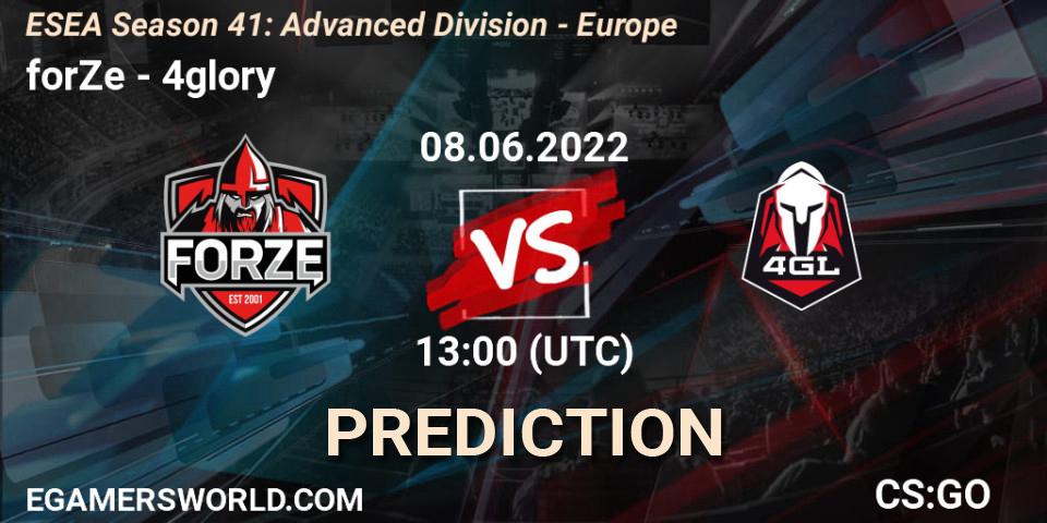 forZe vs 4glory: Betting TIp, Match Prediction. 08.06.2022 at 13:00. Counter-Strike (CS2), ESEA Season 41: Advanced Division - Europe