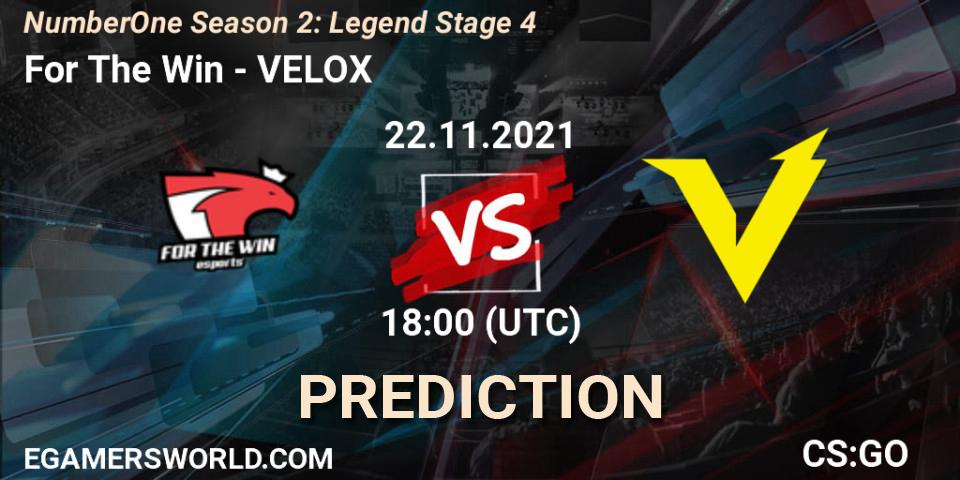 For The Win vs VELOX: Betting TIp, Match Prediction. 22.11.2021 at 18:00. Counter-Strike (CS2), NumberOne Season 2: Legend Stage 4