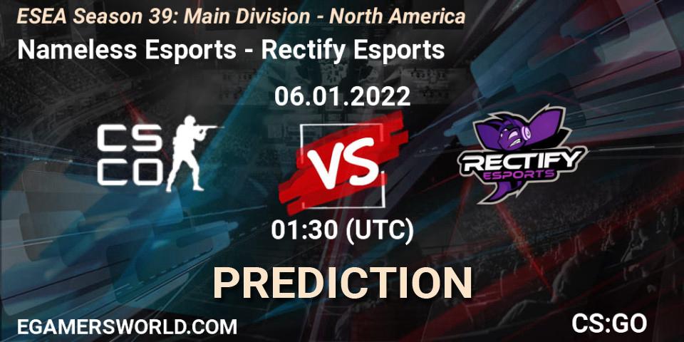 Nameless Esports vs Rectify Esports: Betting TIp, Match Prediction. 06.01.2022 at 01:30. Counter-Strike (CS2), ESEA Season 39: Main Division - North America