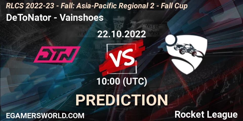 DeToNator vs Vainshoes: Betting TIp, Match Prediction. 22.10.2022 at 10:00. Rocket League, RLCS 2022-23 - Fall: Asia-Pacific Regional 2 - Fall Cup