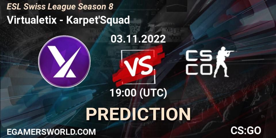 Virtualetix vs Karpet'Squad: Betting TIp, Match Prediction. 03.11.2022 at 19:00. Counter-Strike (CS2), ESL Swiss League Season 8