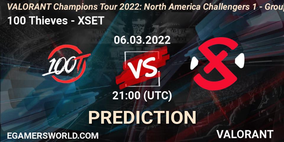 100 Thieves vs XSET: Betting TIp, Match Prediction. 06.03.2022 at 21:15. VALORANT, VCT 2022: North America Challengers 1 - Group Stage
