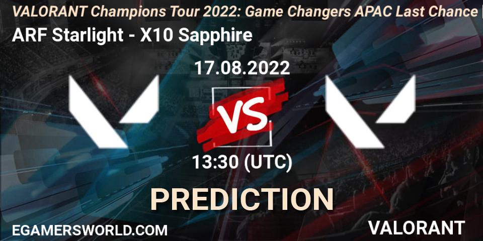 ARF Starlight vs X10 Sapphire: Betting TIp, Match Prediction. 17.08.2022 at 13:30. VALORANT, VCT 2022: Game Changers APAC Last Chance Qualifier