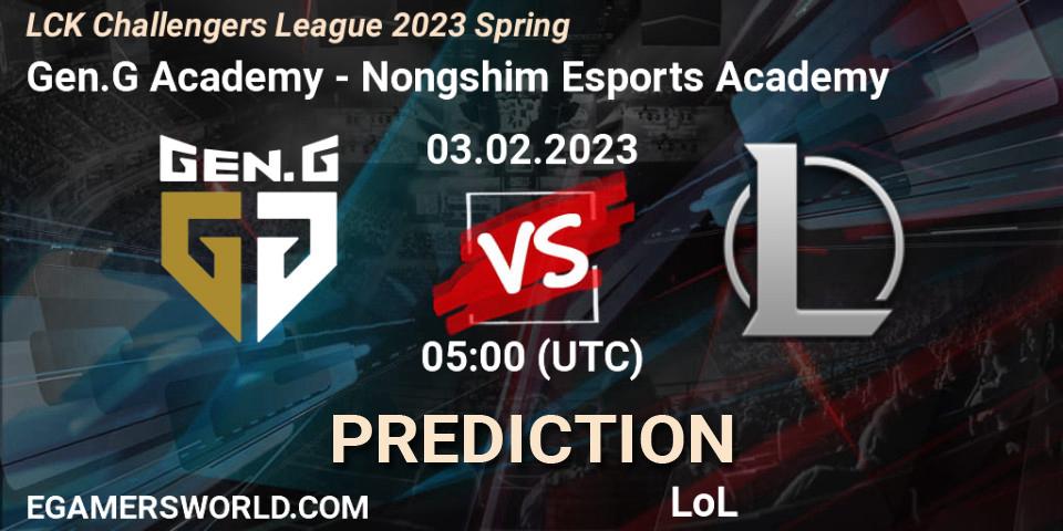 Gen.G Academy vs Nongshim Esports Academy: Betting TIp, Match Prediction. 03.02.2023 at 05:00. LoL, LCK Challengers League 2023 Spring