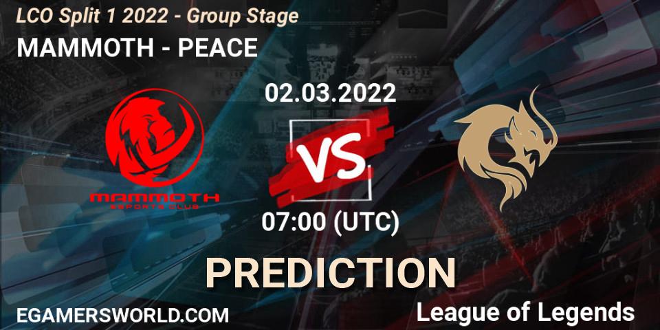 MAMMOTH vs PEACE: Betting TIp, Match Prediction. 02.03.2022 at 07:00. LoL, LCO Split 1 2022 - Group Stage 