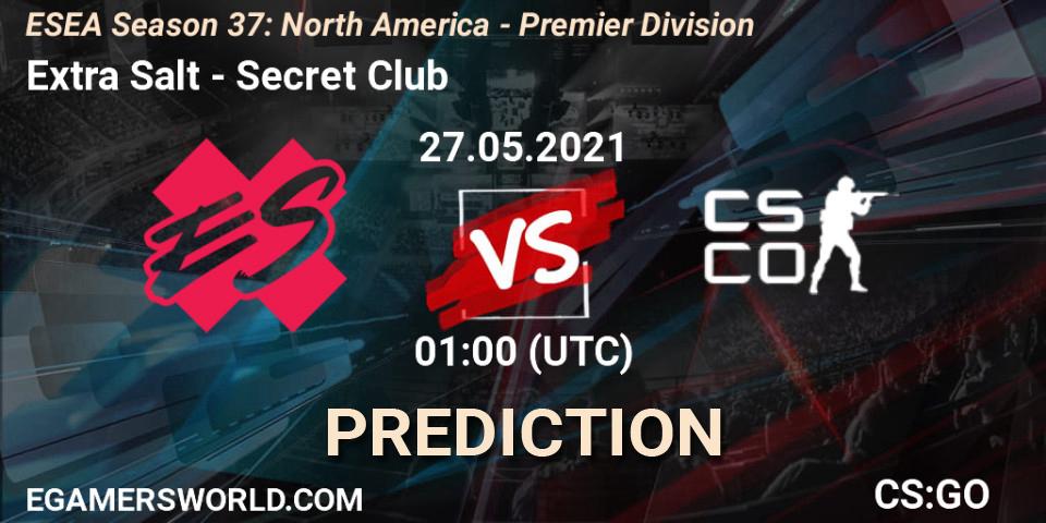 Extra Salt vs Secret Club: Betting TIp, Match Prediction. 27.05.2021 at 01:00. Counter-Strike (CS2), ESEA Season 37: North America - Premier Division