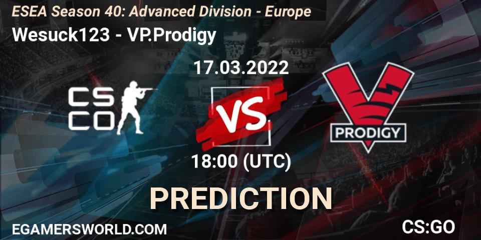 Wesuck123 vs VP.Prodigy: Betting TIp, Match Prediction. 17.03.2022 at 18:00. Counter-Strike (CS2), ESEA Season 40: Advanced Division - Europe