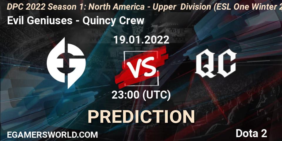 Evil Geniuses vs Quincy Crew: Betting TIp, Match Prediction. 19.01.2022 at 22:55. Dota 2, DPC 2022 Season 1: North America - Upper Division (ESL One Winter 2021)