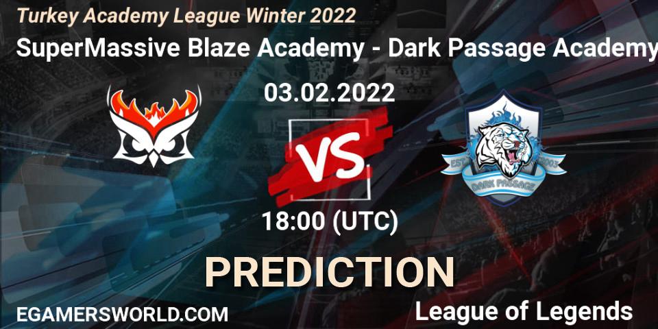 SuperMassive Blaze Academy vs Dark Passage Academy: Betting TIp, Match Prediction. 03.02.2022 at 18:00. LoL, Turkey Academy League Winter 2022