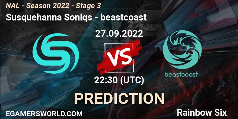 Susquehanna Soniqs vs beastcoast: Betting TIp, Match Prediction. 27.09.2022 at 22:30. Rainbow Six, NAL - Season 2022 - Stage 3
