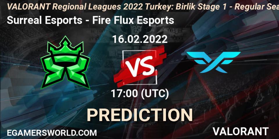 Surreal Esports vs Fire Flux Esports: Betting TIp, Match Prediction. 16.02.2022 at 17:15. VALORANT, VALORANT Regional Leagues 2022 Turkey: Birlik Stage 1 - Regular Season