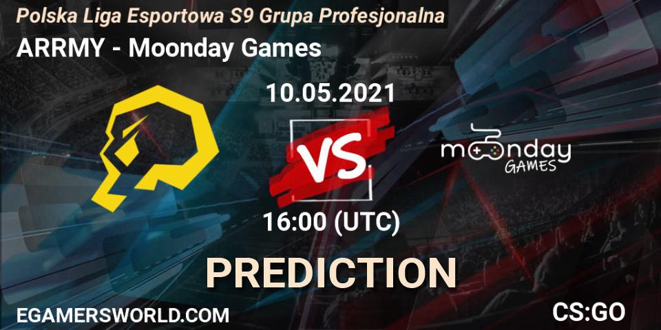 ARRMY vs Moonday Games: Betting TIp, Match Prediction. 10.05.2021 at 16:00. Counter-Strike (CS2), Polska Liga Esportowa S9 Grupa Profesjonalna