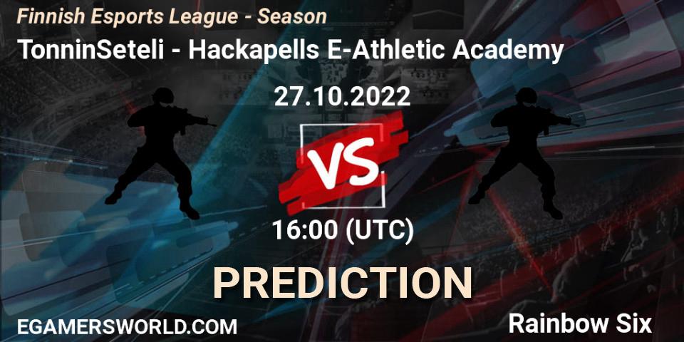 TonninSeteli vs Hackapells E-Athletic Academy: Betting TIp, Match Prediction. 27.10.2022 at 16:00. Rainbow Six, Finnish Esports League - Season 