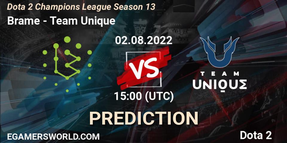 Brame vs Team Unique: Betting TIp, Match Prediction. 02.08.22. Dota 2, Dota 2 Champions League Season 13