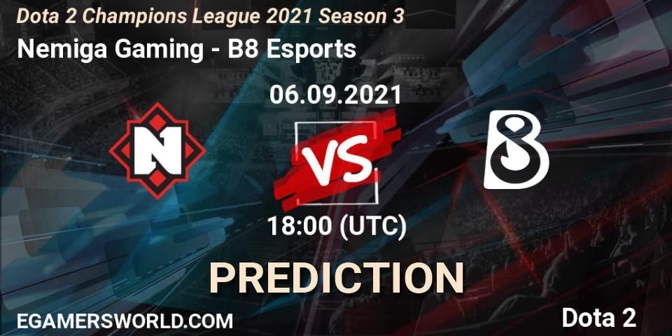 Nemiga Gaming vs B8 Esports: Betting TIp, Match Prediction. 06.09.2021 at 18:16. Dota 2, Dota 2 Champions League 2021 Season 3