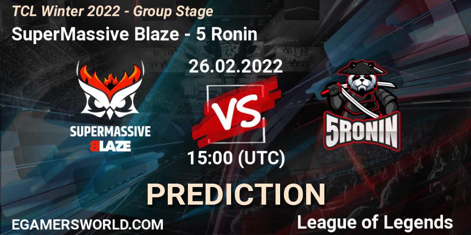SuperMassive Blaze vs 5 Ronin: Betting TIp, Match Prediction. 26.02.2022 at 15:00. LoL, TCL Winter 2022 - Group Stage