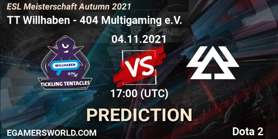TT Willhaben vs 404 Multigaming e.V.: Betting TIp, Match Prediction. 04.11.2021 at 18:00. Dota 2, ESL Meisterschaft Autumn 2021