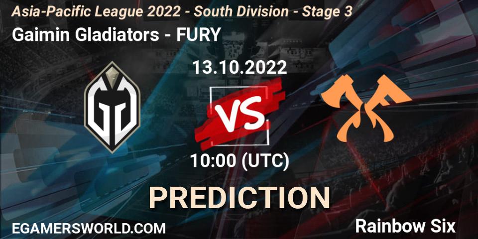Gaimin Gladiators vs FURY: Betting TIp, Match Prediction. 13.10.2022 at 10:00. Rainbow Six, Asia-Pacific League 2022 - South Division - Stage 3