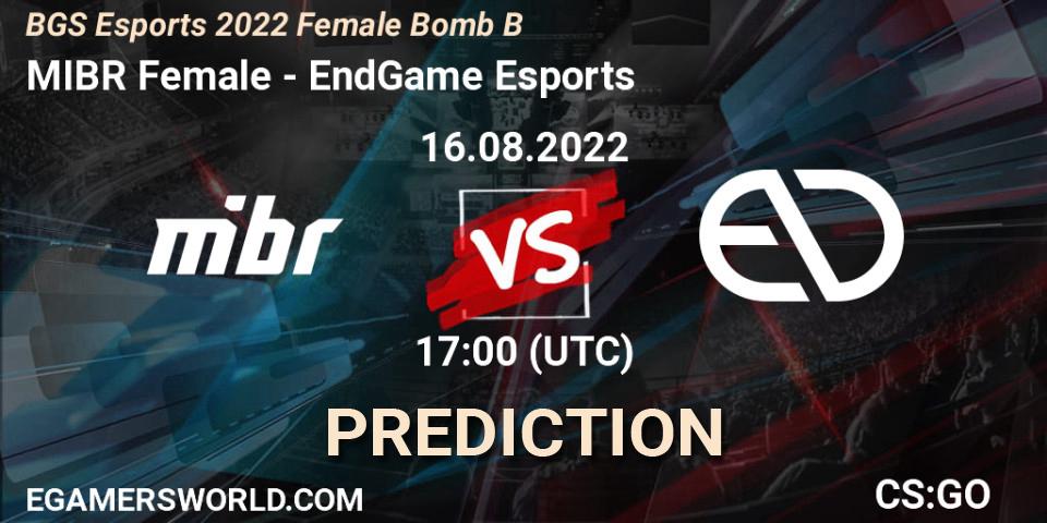 MIBR Female vs EndGame Esports: Betting TIp, Match Prediction. 16.08.2022 at 17:00. Counter-Strike (CS2), Monster Energy BGS Bomb B Women Cup 2022
