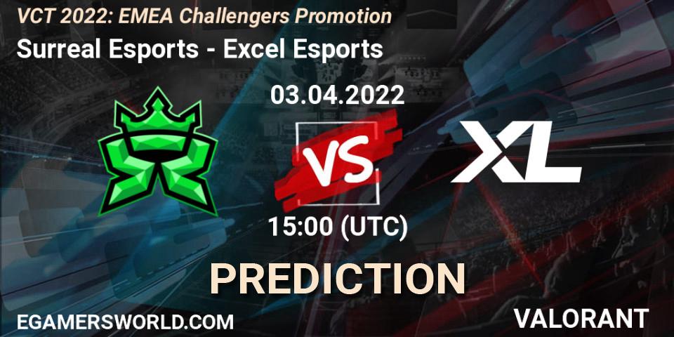 Surreal Esports vs Excel Esports: Betting TIp, Match Prediction. 03.04.2022 at 15:00. VALORANT, VCT 2022: EMEA Challengers Promotion