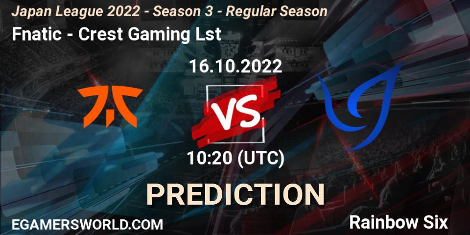 Fnatic vs Crest Gaming Lst: Betting TIp, Match Prediction. 16.10.2022 at 10:20. Rainbow Six, Japan League 2022 - Season 3 - Regular Season